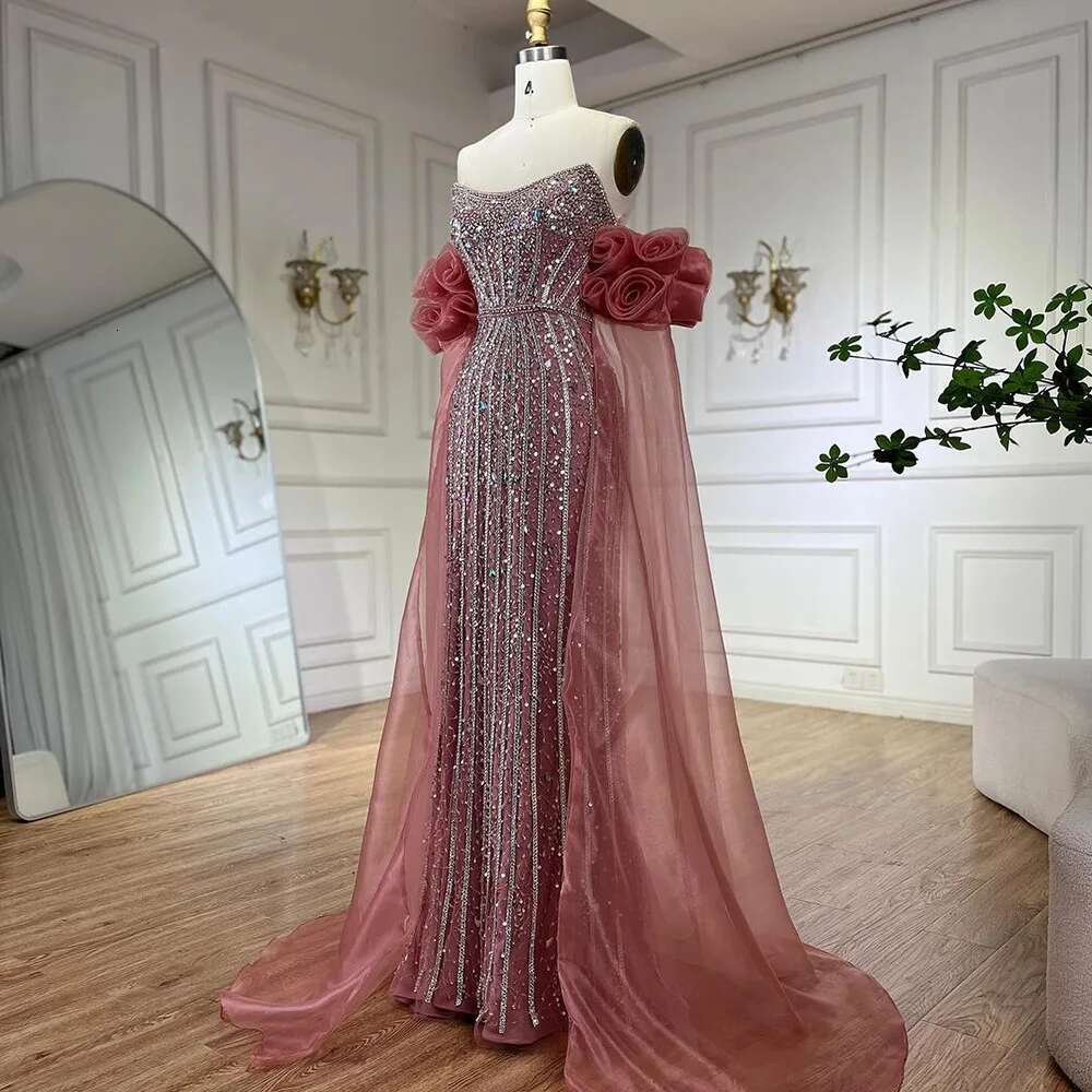 Peach Arabic Strapless Beaded Mermaid Evening Gown Vintage Half Puff Sleeve Dress Customize Party BLA