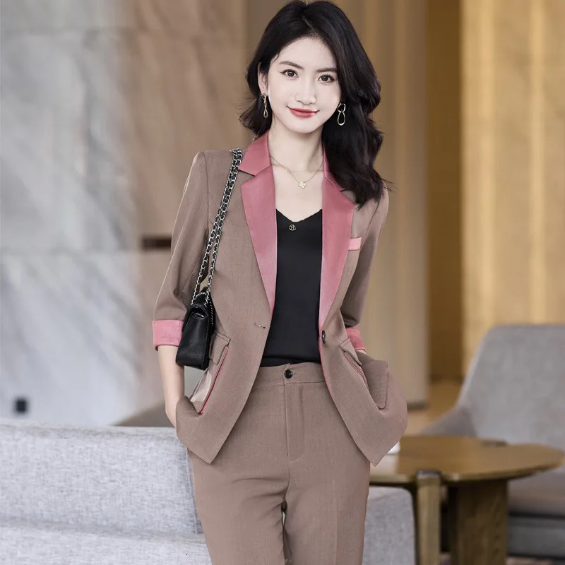 High End Professional Suit Office Women Blazer 2 Piece Set Fashion Big Pocket Female Jacket Casual Flared Trousers 250210