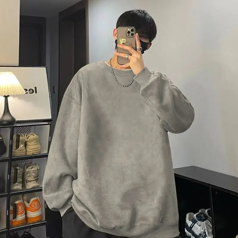 IMCRASY Mens Autumn Trendy Trend Youth Simple Suede Round Neck Solid Color Sweatshirt Loose Tshirt 250214