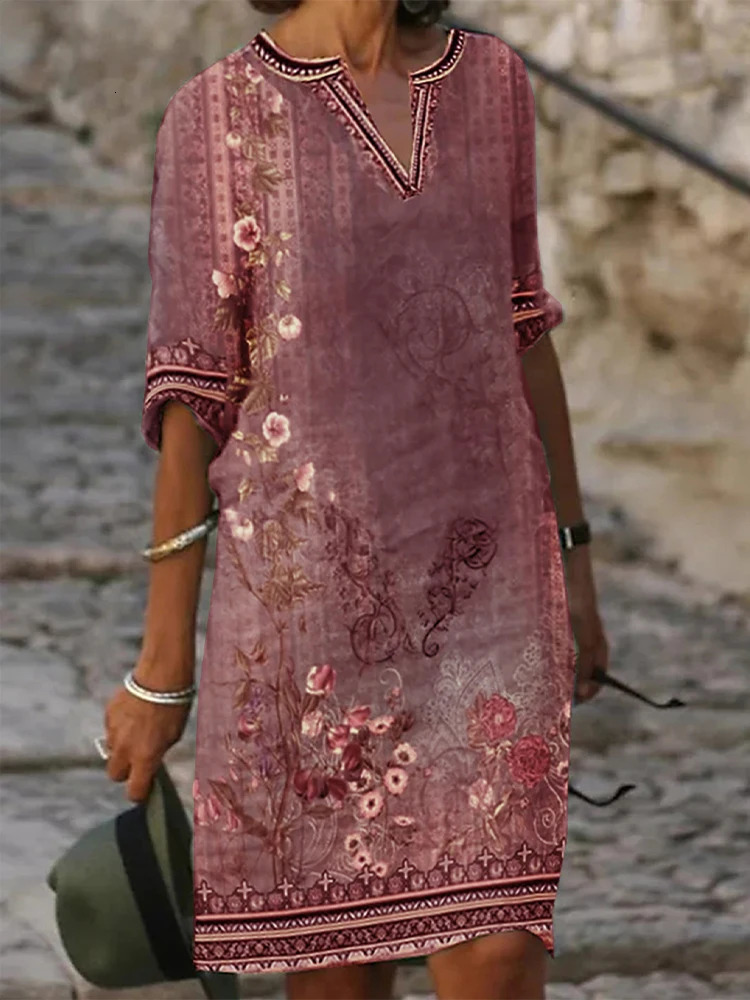 Plus Size Casual Womens Summer Medium Skirt 5XL 2023 Fashion Large V Neck Print Short Sleeved ALine Loose Dress 250214