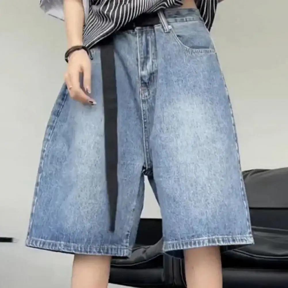 Retro Womens Denim Shorts with Belt Wide Leg Straight Loose Knee Length Hip Hop High Waist Gradient Color Shorts Jeans 250210