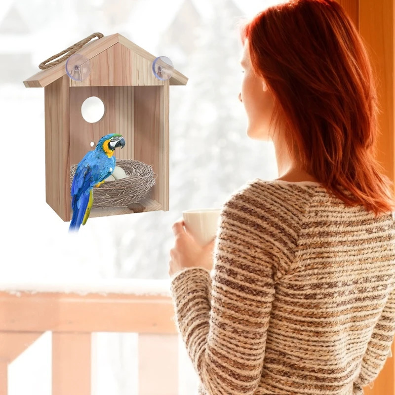 Blue Birds House Wood Window Birdhouse Weatherproof Bird Nest ed with Perch Transparent Rear for Easy Watch 250206