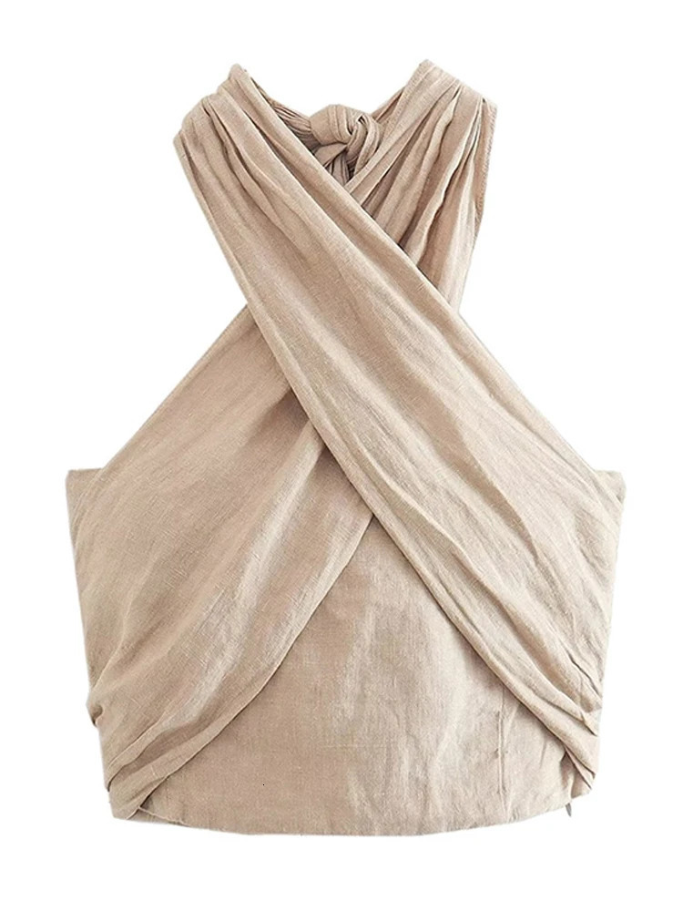 Flimsy Wide Leg Pants Sets Summer High Street Sexy Cotton Linen Trousers Suit for Women Fashion Halter Crop Top Ladies 250210