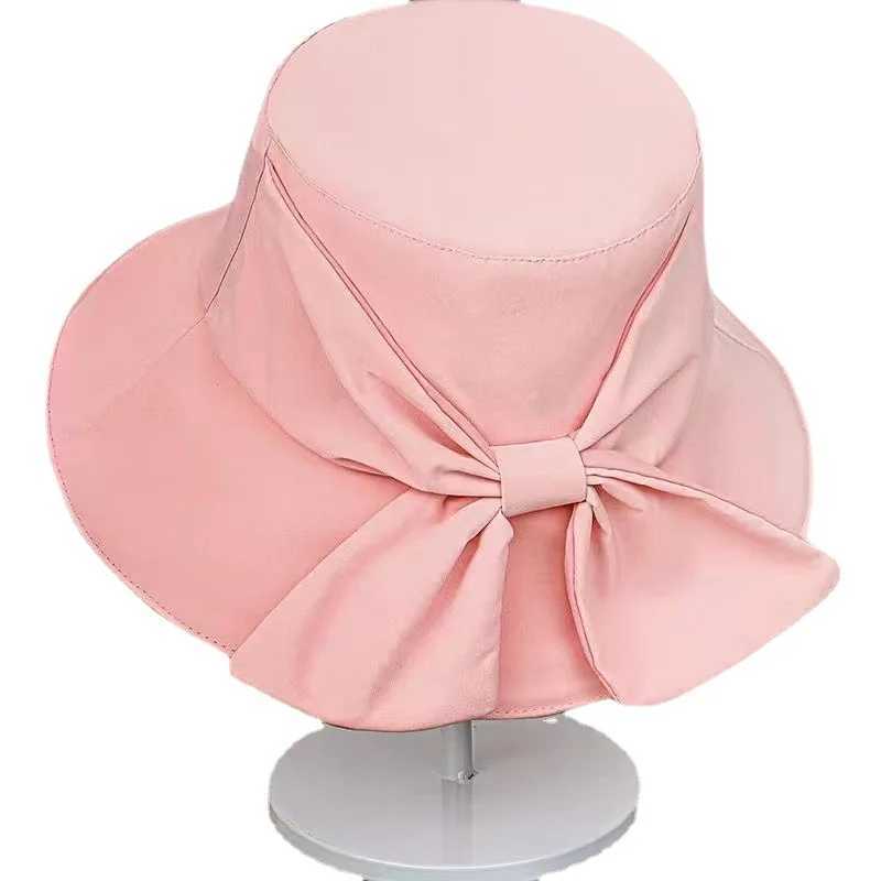New Summer Womens Bow Fashion Wide Brown Sun Hat Outdoor Beach Fishermans Hat UV Protective Sun Hat Bucket Hat Gift W250217