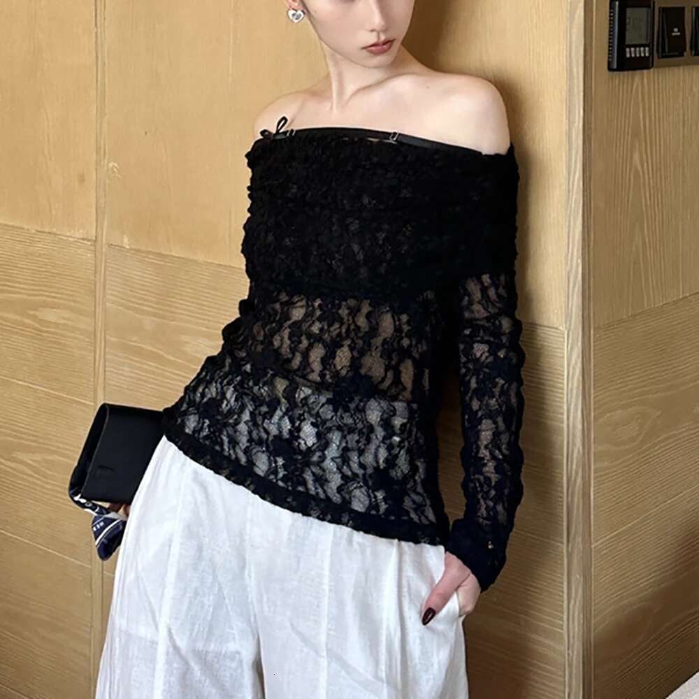 2025 Spring & Summer New Women's T-Shirt Y2k Sexy Strapless Slim One-E Collar Hollow Lace Fashion Hundred Long-Sleeved Tops