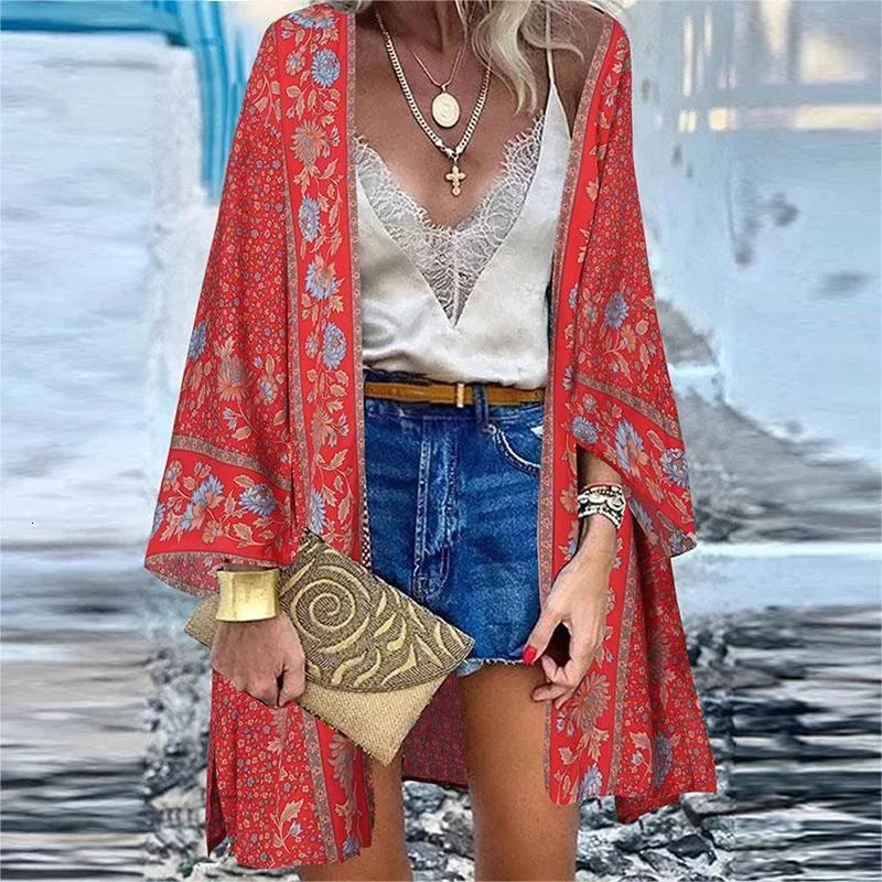 Summer Bohemian Beach Printed Cardigan Women Long Sleeve Leisure Holiday Swimsuit Blouse Shawl Open Up Cover M5XL 250214