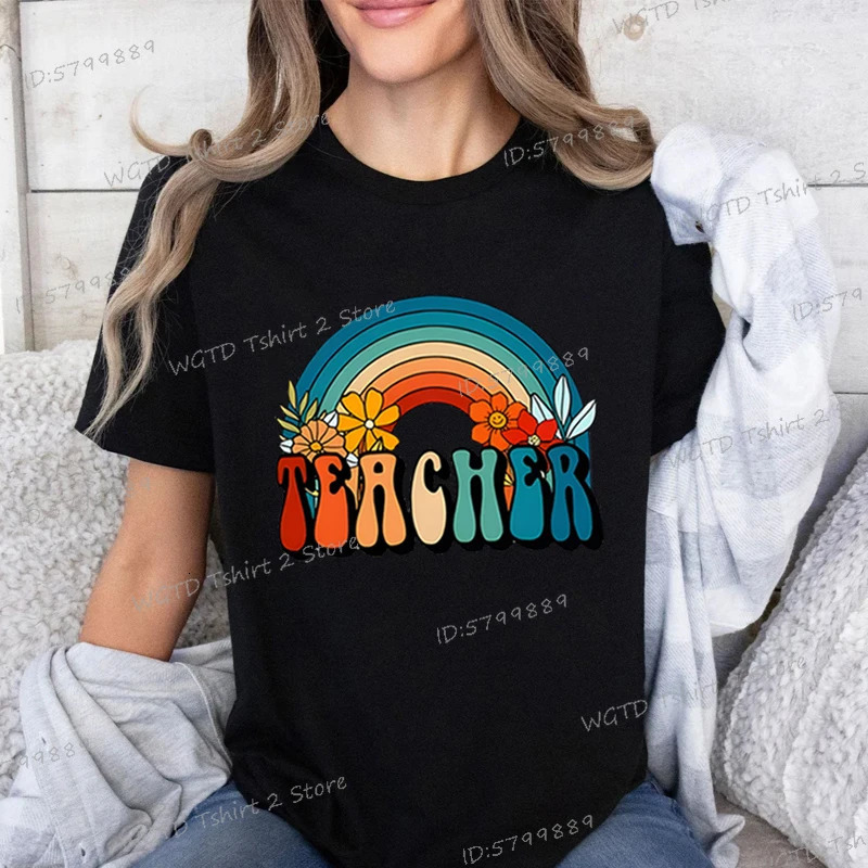 Retro Rainbow Teacher Print T-Shirt Teachers Day Casual Crew Neck Tee Rainbow Flower Shirt n Teacher Life Vintage T Shirts 250217