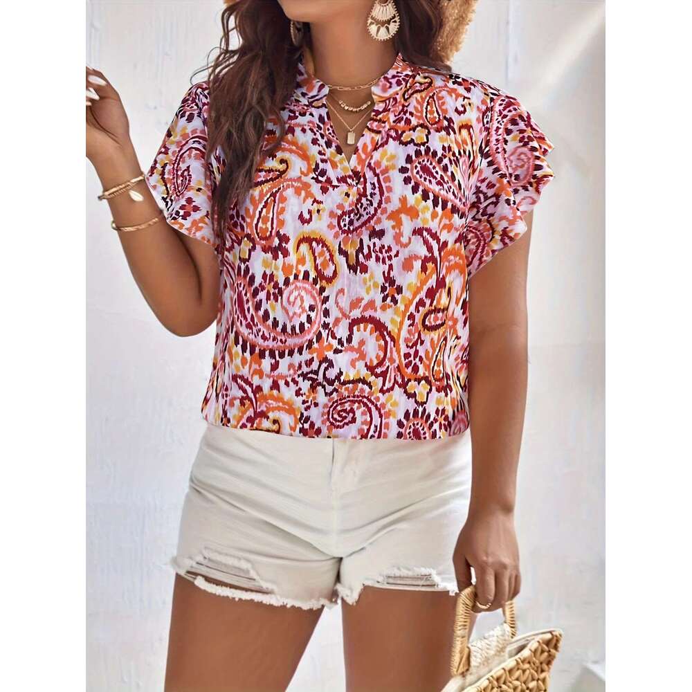 Plus Size Summer Women Elegant Print Blouses Shirt Ethnic Casual Fashion V Neck Tops Female Curve Clothing