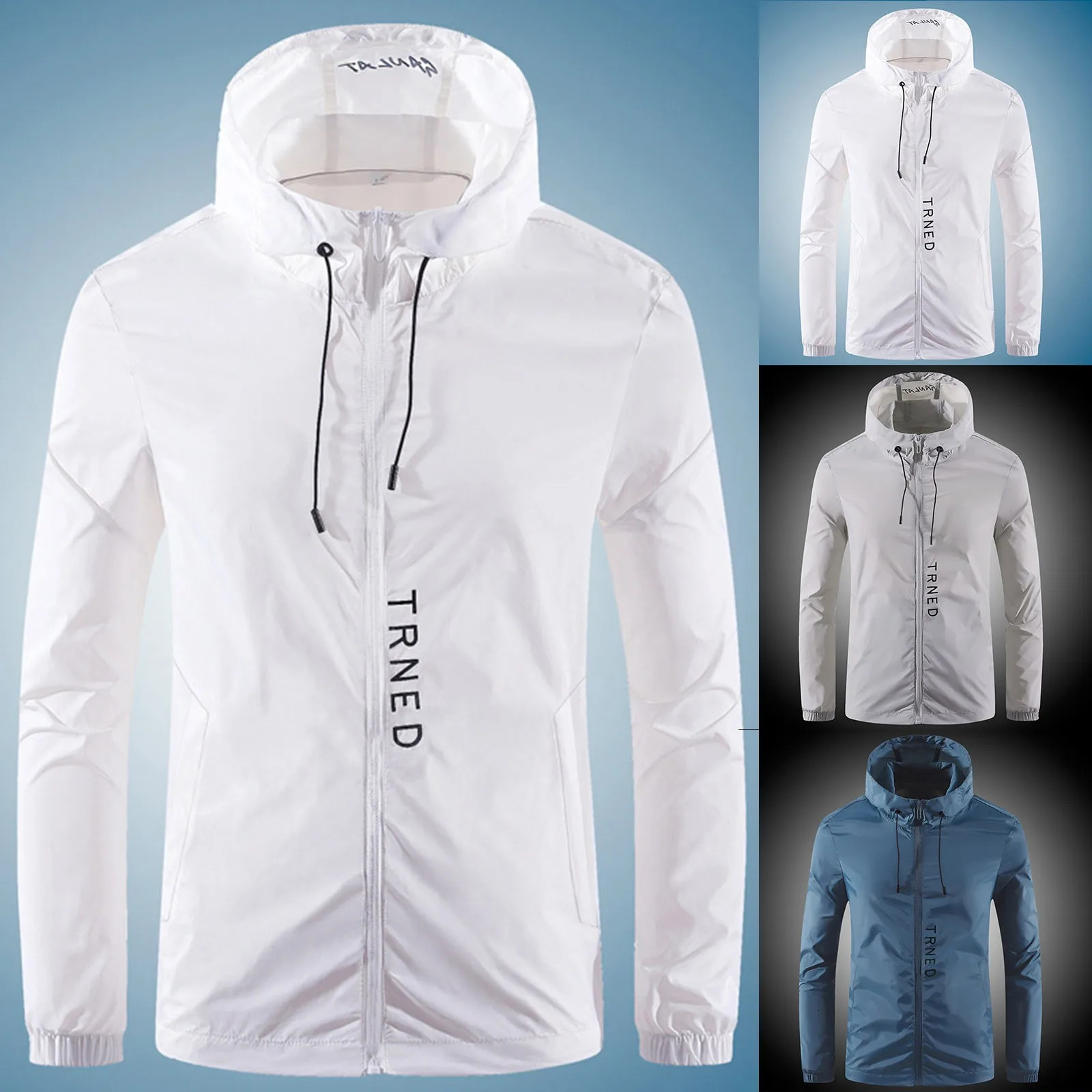 Mens Spring Fall Sunscreen Ice Silk Casual Jacket Long Sleeved Zipper Hooded Solid Color Outwears Lightweight Raincoat 250214