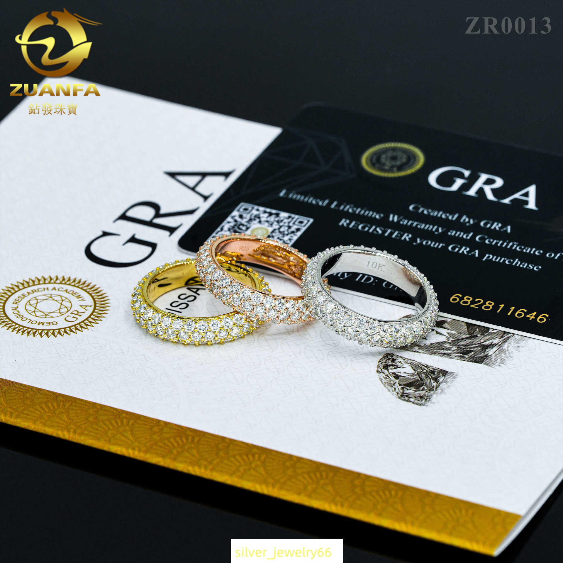 Hip hop S925 silver inlaid VVS three row circular moissani ring for men and women in Ins fashion trend full diamond