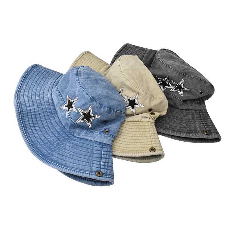 Bocca Y2K Bucket Hat Bling Star Retro Washed Panama Fisherman Hats Women Wide Brim Denim Vintage Summer Sun Outdoor Travel Cap W250217