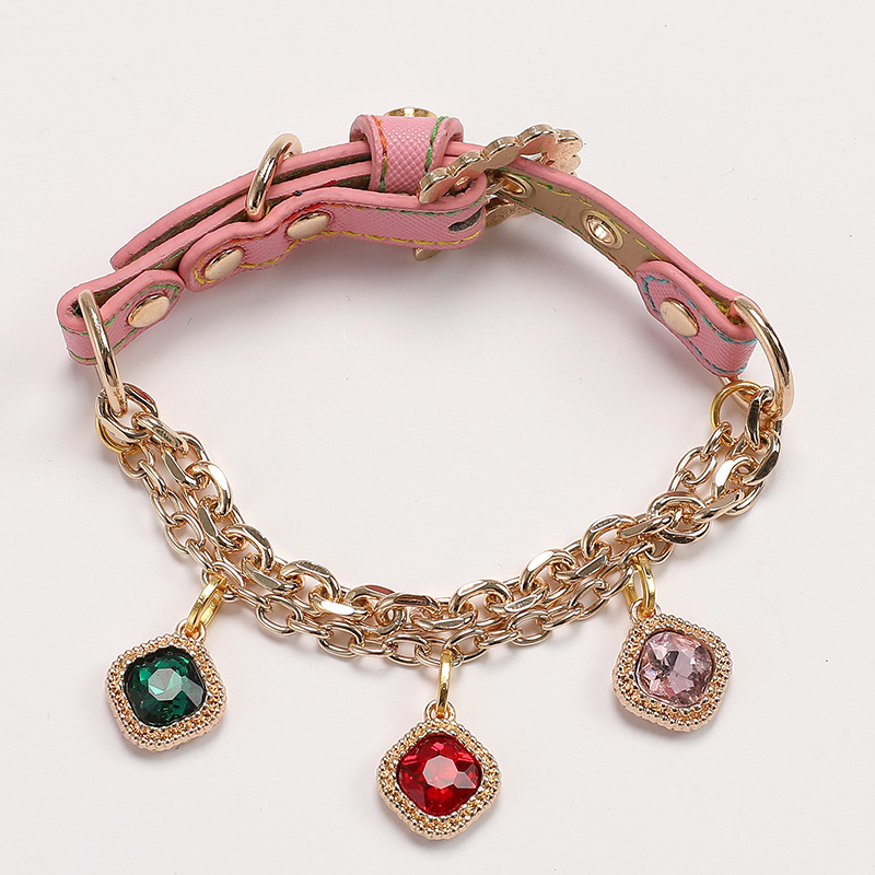 Luxury Pet Collar Leash Set - Premium Leather Gold Chain Design with 13 Multi-Color Crystal Pendants, Stylish Dog/Cat Walking Accessories (3+10 Dangli