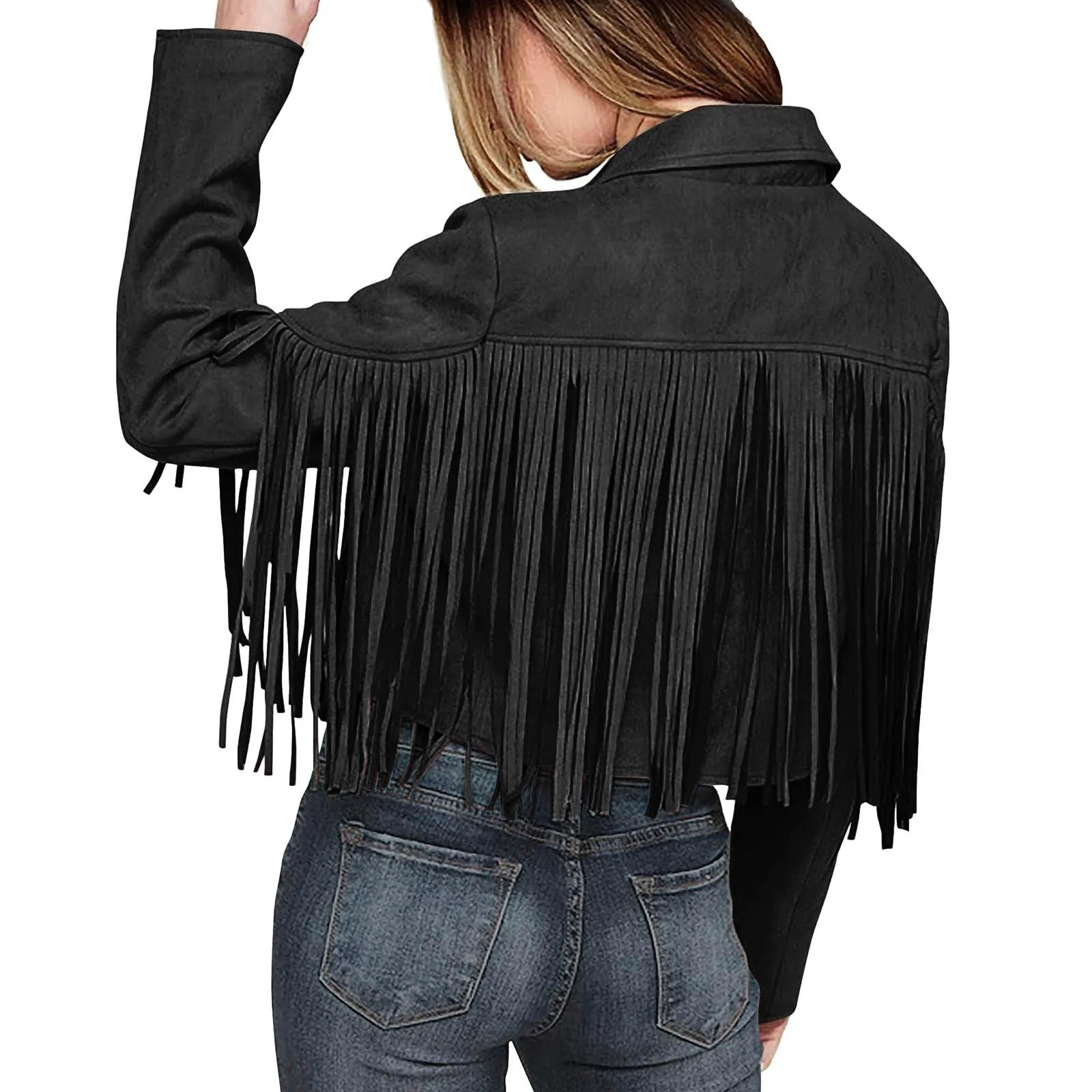 Winter Jackets For Women Fringe Suede Leather Tassel Motorcycle Cropped Coats Turndown Collar Open Front 250211