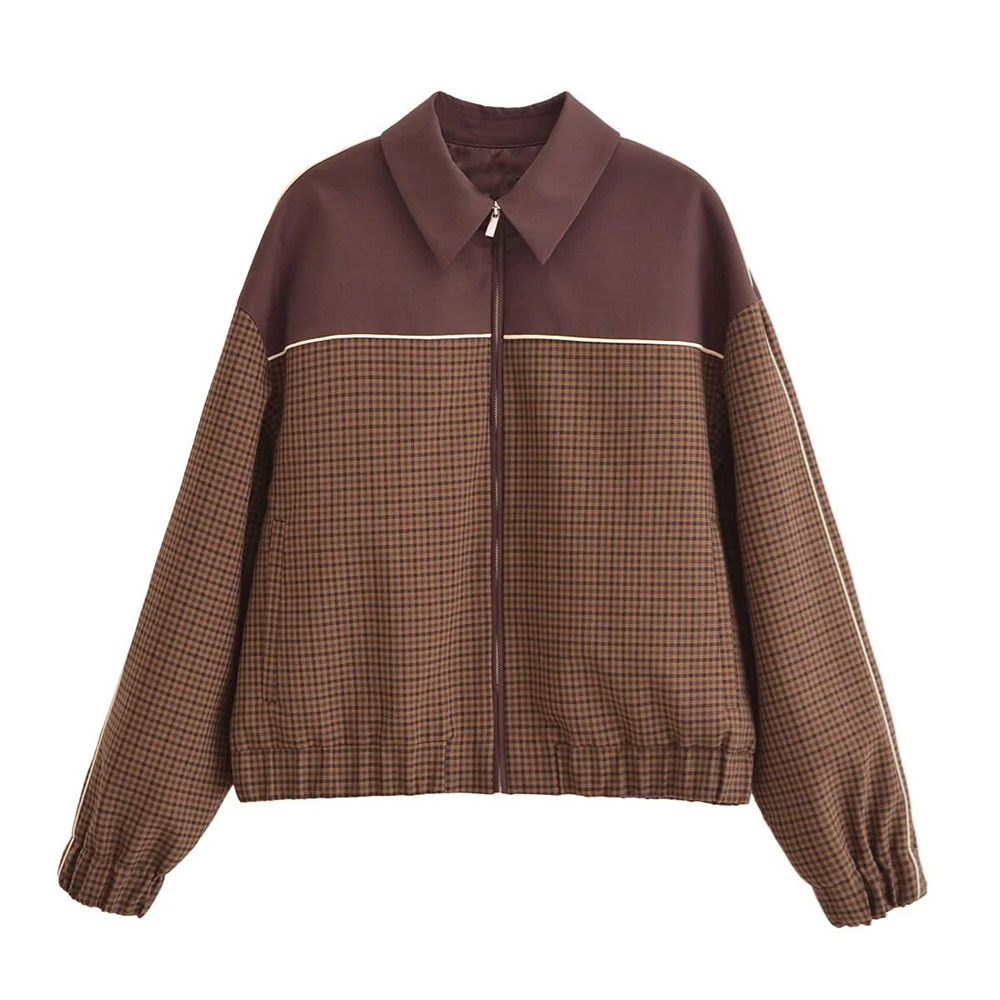 UNIZERA Retro Loose Plaid Splicing Zipper Jacket AutumnWinter Casual Collar Long Sleeve for Women 250211