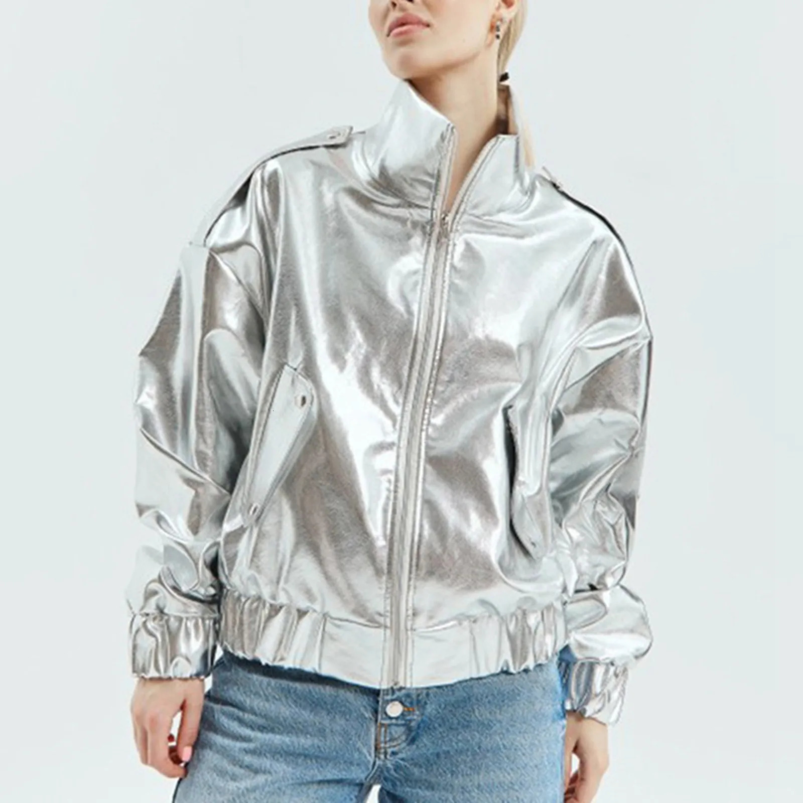 Women Shiny Gold Silver Pu Leather Jacket Stand Collar Turtleneck Loose Fit Jackets Coat With Pockets Autumn Streetwear 250211