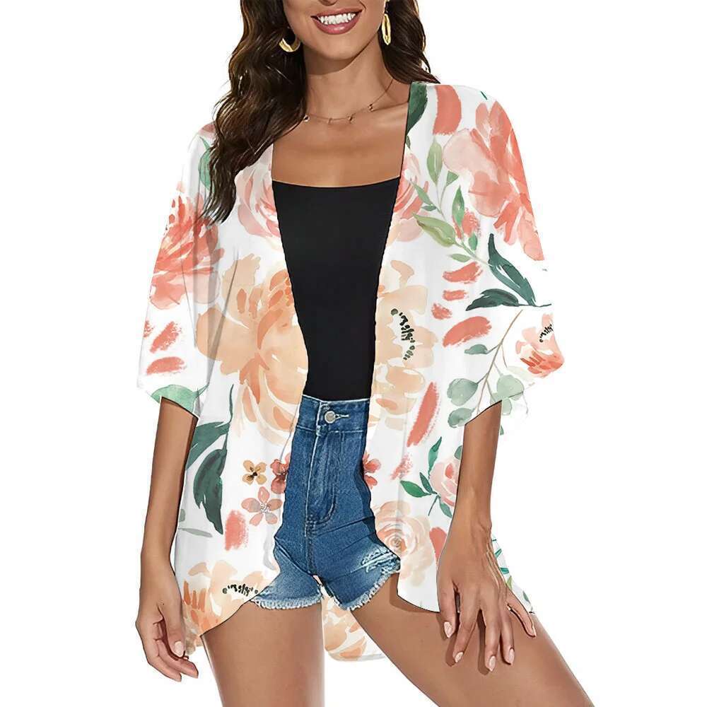 Beachwear Pullover Social Shirt Fashion Top 3D Printed Batwing Sleeve Chiffon Kimono Women's Swimwear Plus