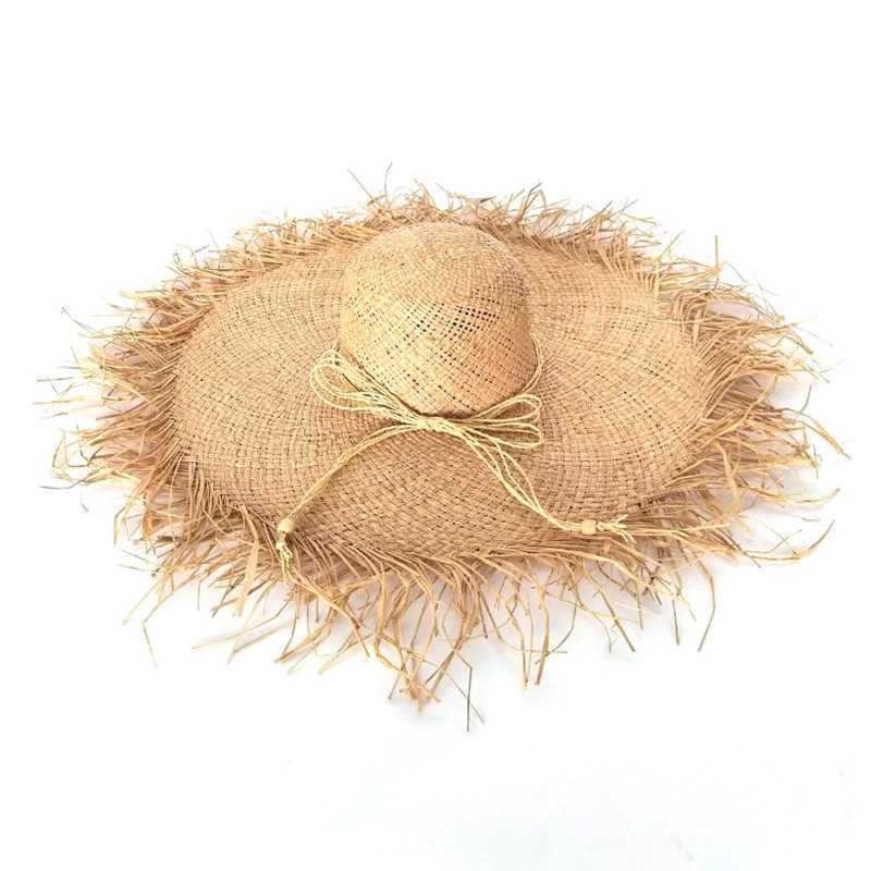 New Summer Womens Natural Cork Lafia Straw Hat Ribbon Bow Shadow Panama Hat Large Wide Brown Girls Vacation Beach Hat W250217