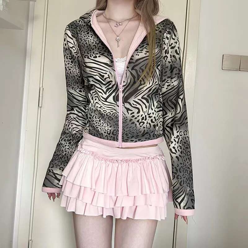 Y2K Hot Girl Coat Tiger Stripe Print Women's Aesthetic Fashion Punk Zip Up Hoodie Tops Sexy Nightclub Style Clothes