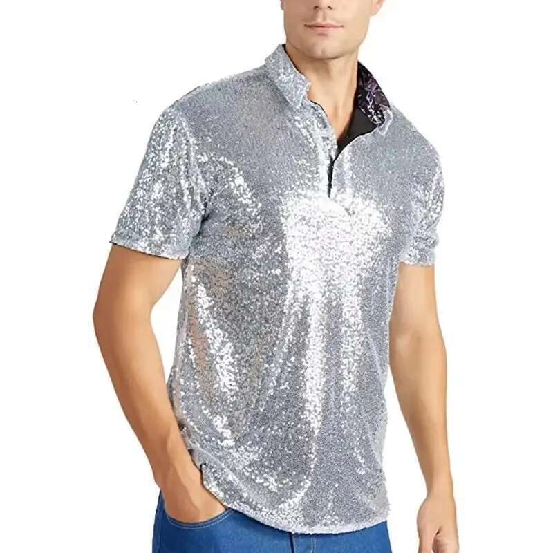 Gold Sequin Polo Shirt for Men Designer Fashion Shiny Short Sleeve Disco Cosplay Top Summer Christmas Stage Dance Costume