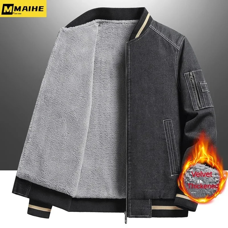 Autumnwinter vintage denim jacket men plus fleece thick warm coat Korean fashion clothing mens plussize bomber 250212