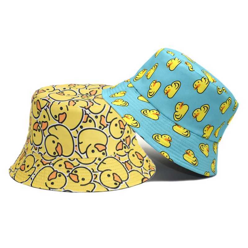 Bocca cartoon duck bucket hat cute printed fisherman hat mens and womens double-sided Panama hat 58cm summer outdoor sun hat W250217