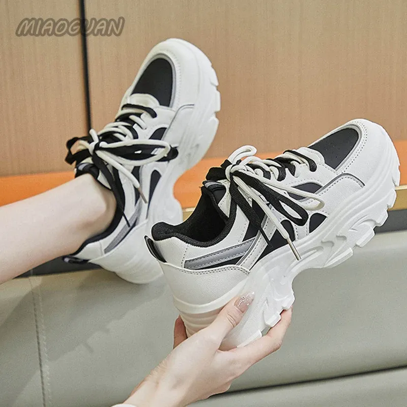 Women Platform Sneakers Casual Mixed Color Spring Autumn Women's Vulcanize Shoes Chunky Heel Lace Up Round Toe Sport atillas