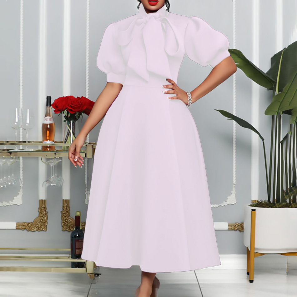 T175135 Large size women's summer new bow lady solid color banquet dress short sleeve foreign trade dress