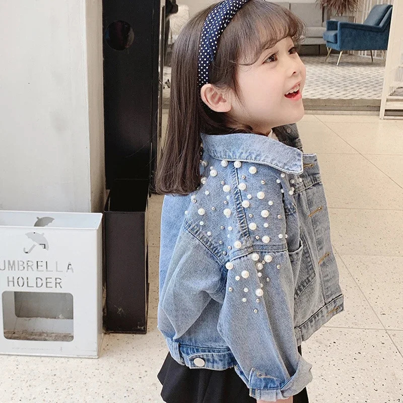 Spring Autumn Pearl Embellishment Teenage Girls Denim Coat Children Fashion Windbreaker Kids Birthday Present Outerwear 250214