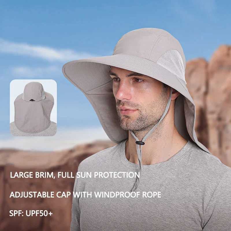 Outdoor waterproof fishermans hat wide conical bucket cap with neck cover womens summer quick drying breathable mesh sunshade hat W250217
