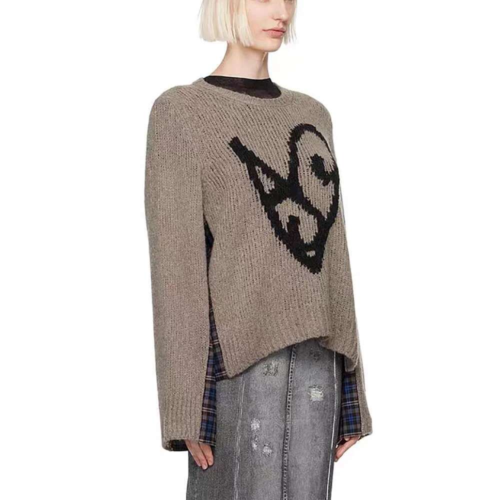 Wool Blend Women Pullover Y2k Checkered Patchwork Elegant Commuter Round Neck Long Sleeve Knit Top Sweater 2025 Winter New