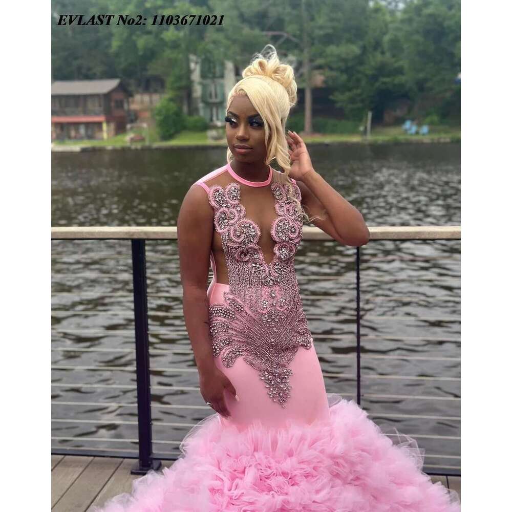 Customized EVLAST African Blush Pink Mermaid Prom Dress For Black Girls Crystal Beaded Ruffles Formal Party Evening Gown E P mal
