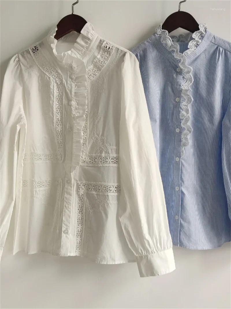 Women's Blouses Women Lace Embroidery Shirt White Or Stripes Ruffled Collar Long Sleeve Elegant Chemise 2025 Autumn Female Blouse