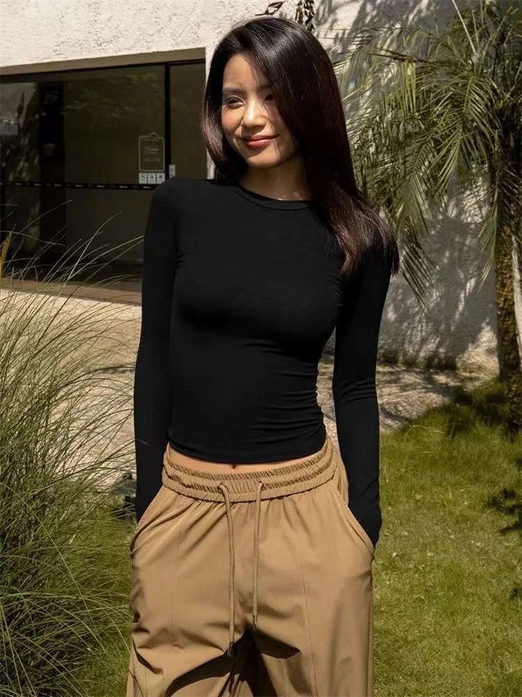 Women Casual Long Sleeve Tshirts Cotton Elastic Basic Autumn Solid Slim Pullovers Tee Shirt Female Streetwear Base Lady Top 250214