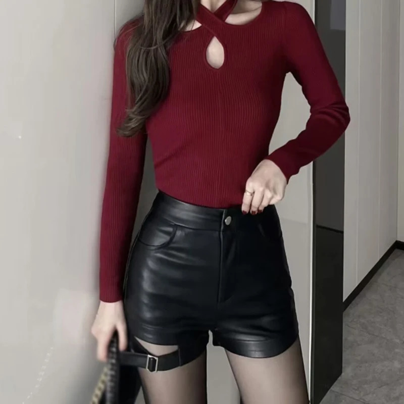 Womens High Waist Shorts Waisted PU Leather Versatile Hollow out Buckle Slim Sexy 250213