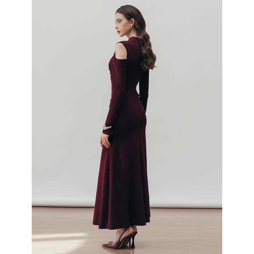 Elegant Women's Dress Half High Collar Hollow Out Asymmetric Long Sleeves Mid-Calf Party Dresses 2025 Spring New