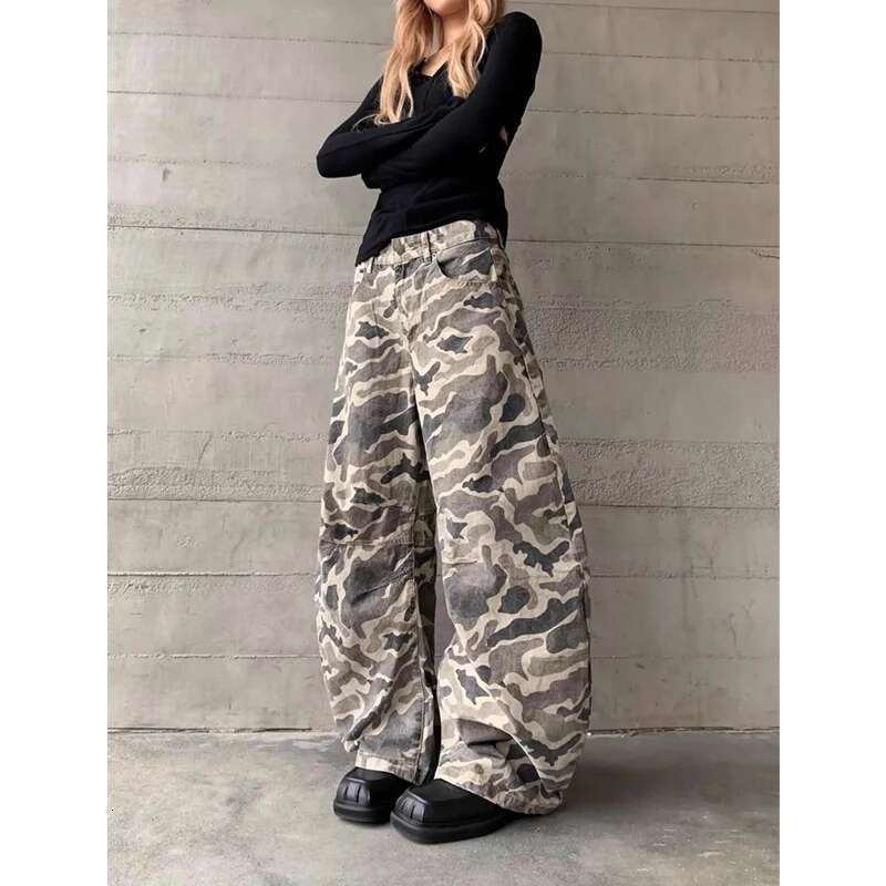 Camouflage Khaki Jeans Women Vintage High Waisted Straight Trouser Y2k American Streetwear Wide Leg Classic Denim Pants