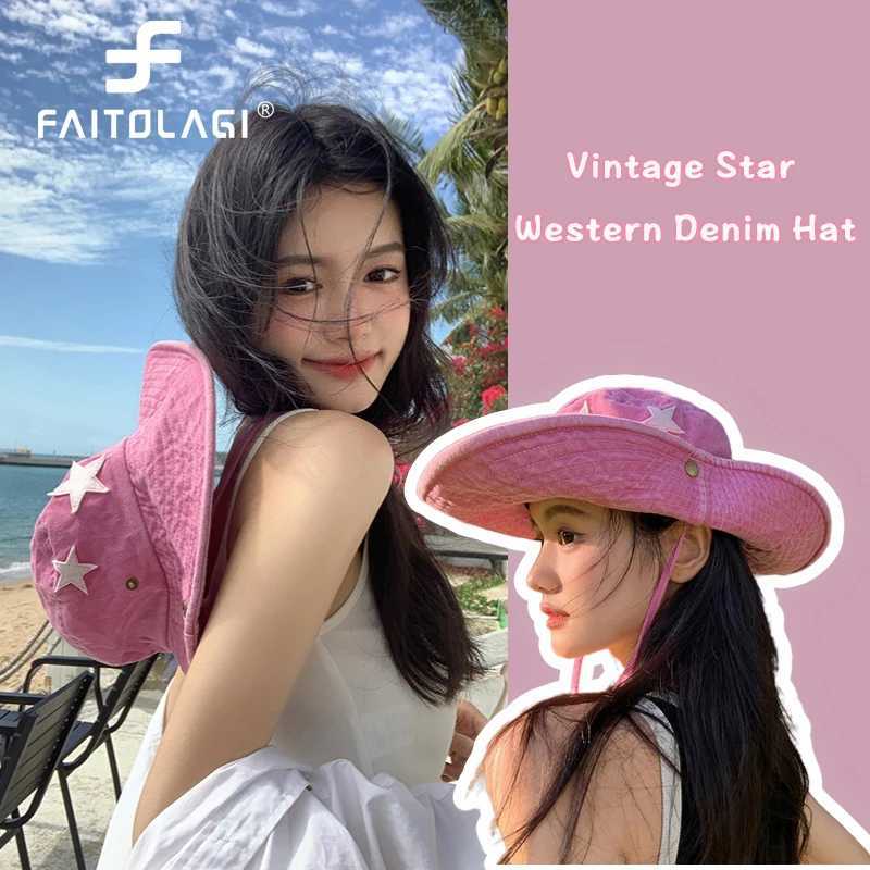Punk Star Cowboy Hat For Women Fashion Wide Brim Sun Visors Retro Hip Hop Fisherman Cap Solid Cotton ACU Hat Y2K Girl Panama Cap W250217