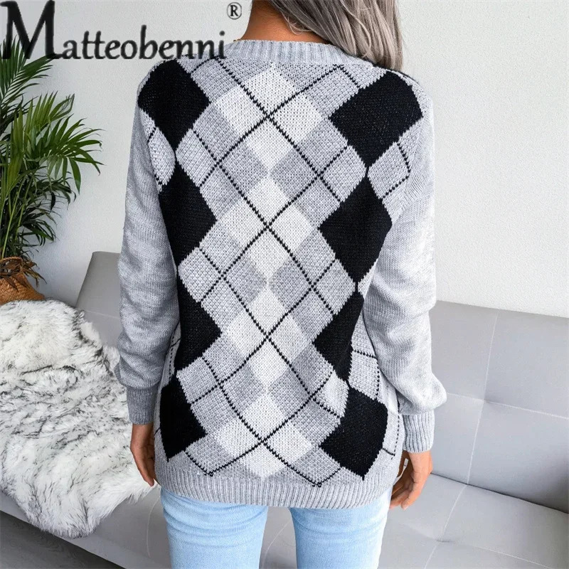 College Style Rhombus Sweater Women Elegant V Neck Pullover Jumpers Female Autumn Winter Casual Loose Knitwear Trend Streetwear 250211