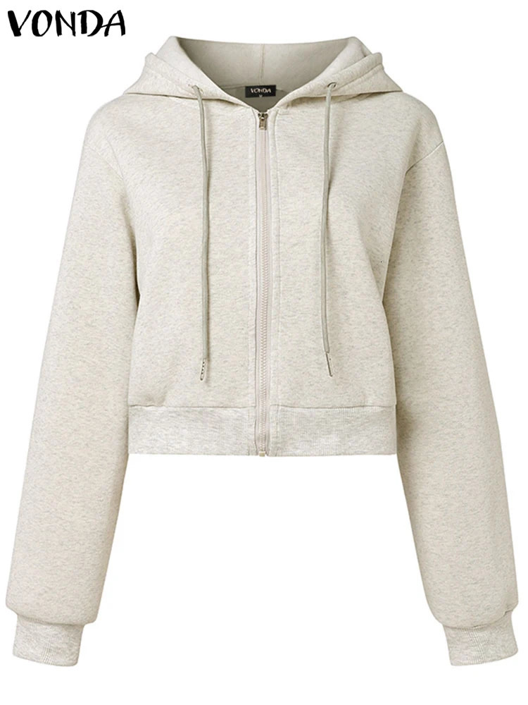 VONDA Fashion Long Sleeve Hooded Sweatshirts Women Causal Solid Color Zipper Pullover Soprt Simple Loose Hoodies Oversized 250213