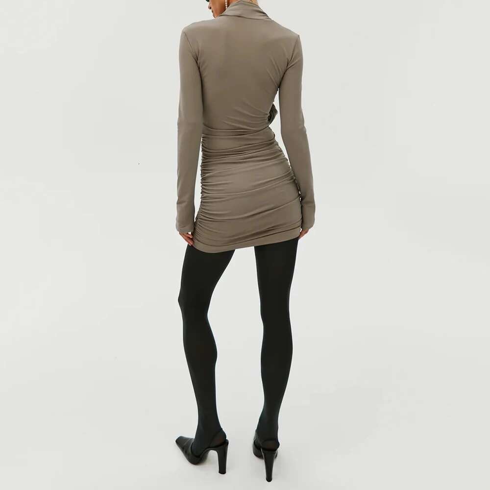 Cotton Women's Y2k Hitching Piece Design Pleated Slim Elegant Commuter Standing Collar Long Sleeve Dress 2025 Spring New