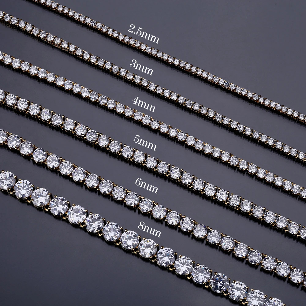 TOPGRILLZ 3mm-10mm Iced Out Bling Zircon 1 Row Tennis Chain Necklace Men Hip Hop Jewelry Gold Silver Color Charms 250214