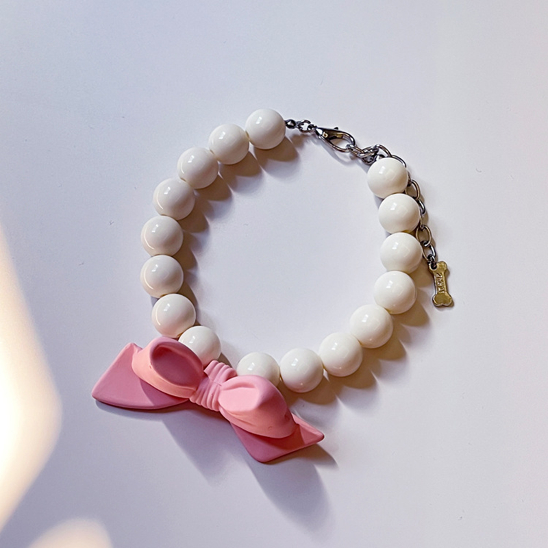 Dog Necklace with Big Bead Pink Bow Decoration, Cute Puppy Necklace, Pet Decoration, Adjustable Jewelry Buckle Pet Collar for Cats Small Medium Dog S 