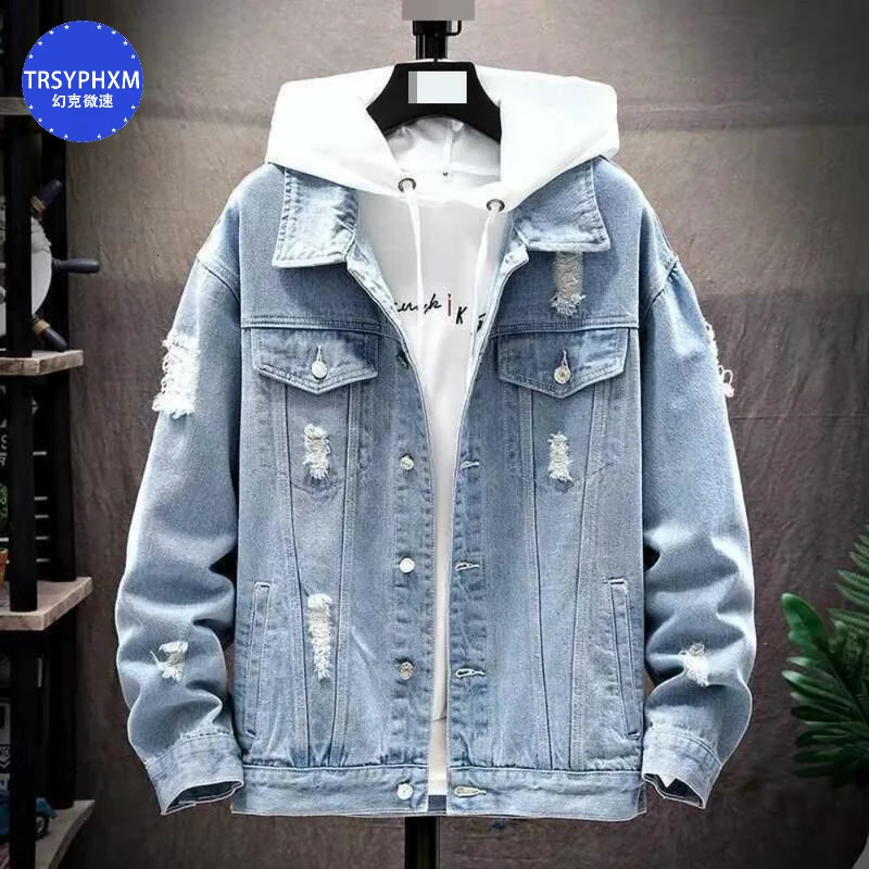 TRSYPHXM Autumn light blue denim lapel jacket for men teenagers casual versatile top mens clothing 250212