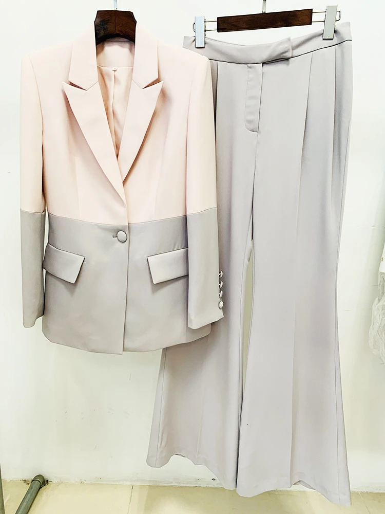 HIGH STREET est S/S Runway Suit Set Womens Career Fashion Single Button Color Block Blazer Wide Pants Suit 250210
