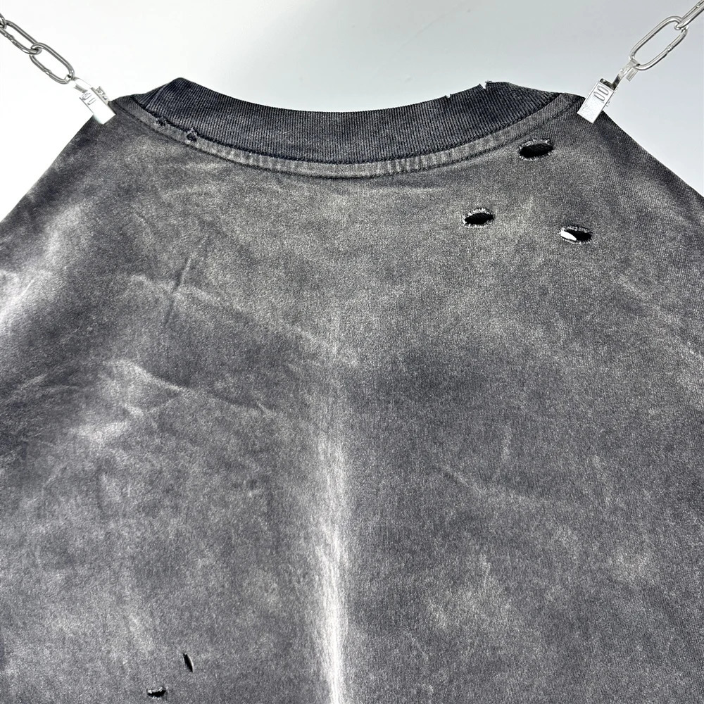 Frog Drift American Basic Style Retro Hole Solid Color Retro T-shirt 100% Cotton Top Summer Loose Mens Extra Large T-shirt 250213