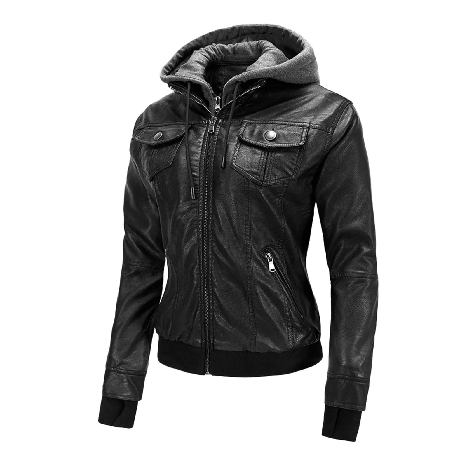 AutumnWinter Motorcycle Slim Leather Cropped Jacket Women Hoodie Detachable Lined Jackets Insulated Two Pieces Coat 250211