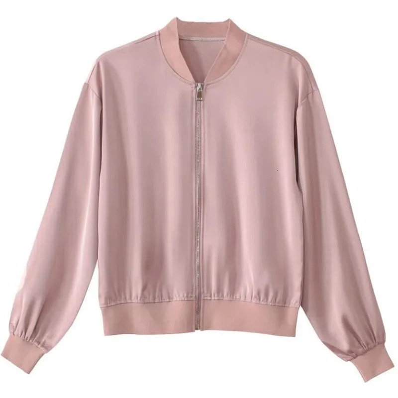 Silk Short Jackets Woman Coats Loose Satin Outwear Solid Color Cloth Zipper Baseball Jacket Spring Autumn Clothes Female 250213