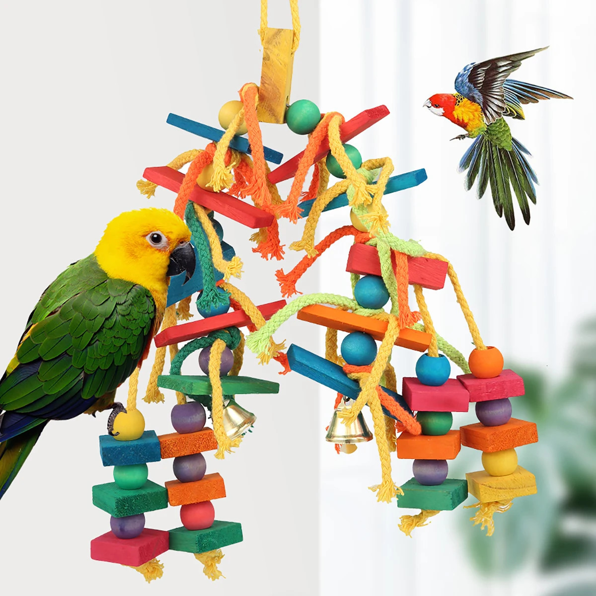 Safe Parrot Chew Toy with Hook Colorful Wooden Beads Ropes Natural Blocks Tearing Toys for Small Medium Birds Mini Macaw 250206