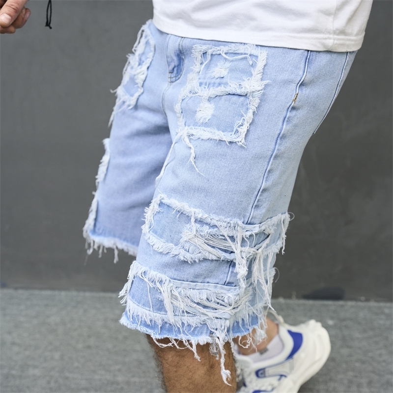 Summer Men High Street Ripped Patch Denim Shorts Stylish Solid Casual Male Straight Jeans w250113