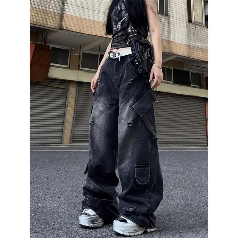 Black Womens Jeans High Waist Vintage Straight Baggy Pants Hip Hop 90S Y2k Design Sense Wide Leg Large Size Denim Trouser